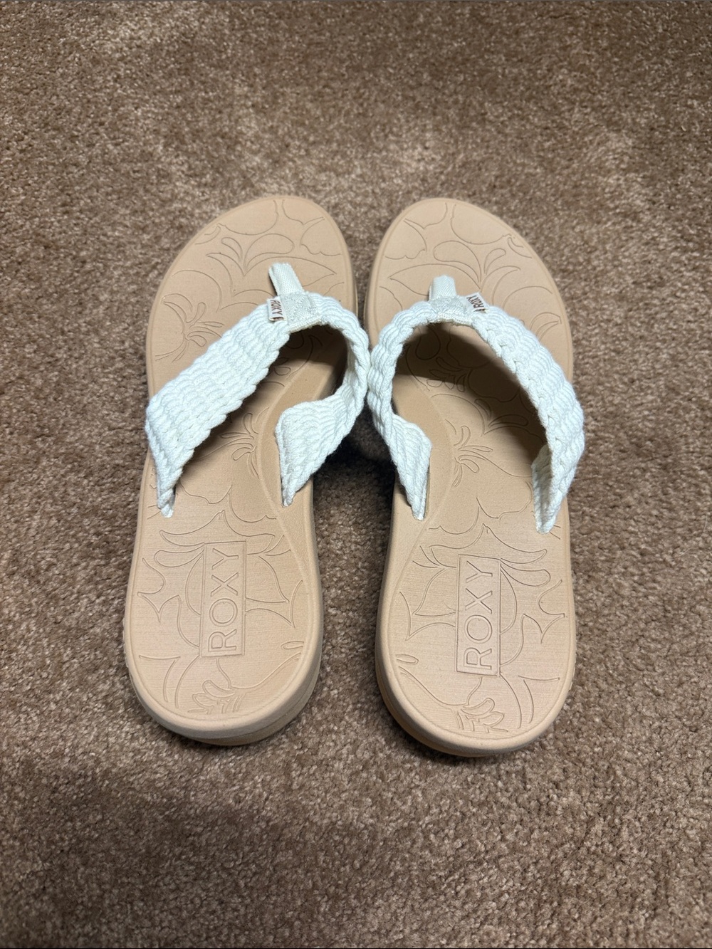 Ladies Roxy Cream Braided Thong Sandals with Tan Footbed